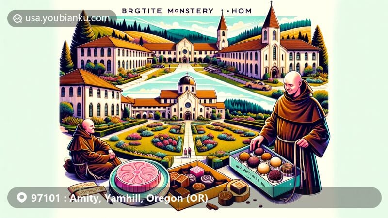 Modern illustration of Brigittine Monastery in Amity, Oregon, capturing serene atmosphere and monks' craftmanship with gourmet fudge and truffles, against lush Willamette Valley backdrop.