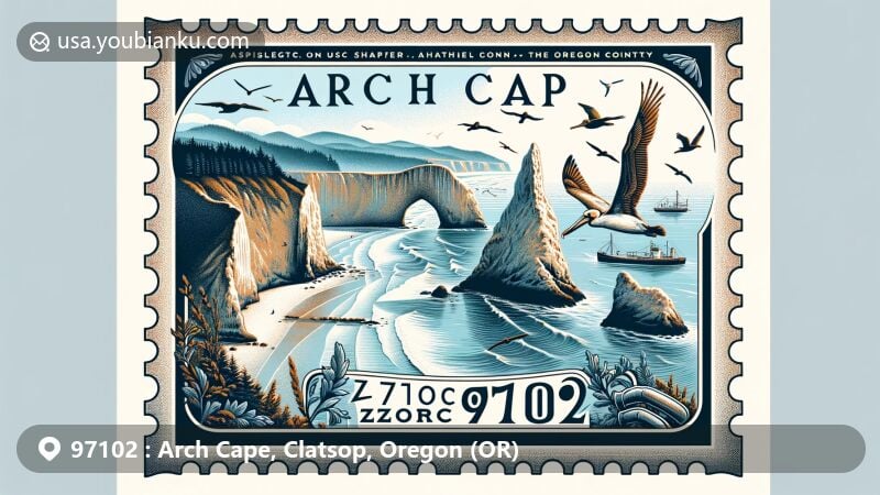 Modern illustration of Arch Cape, Clatsop County, Oregon, featuring iconic natural arch and headland extending into the Pacific Ocean, integrating local wildlife, USS Shark shipwreck, and vintage postal stamp.