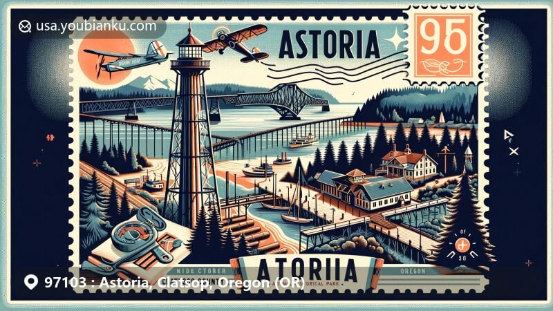 Modern illustration of Astoria, Oregon, featuring iconic landmarks like Astoria Column and references to its historical, natural, and cultural heritage, blending maritime, exploration, Scandinavian influence, and cinematic connections.