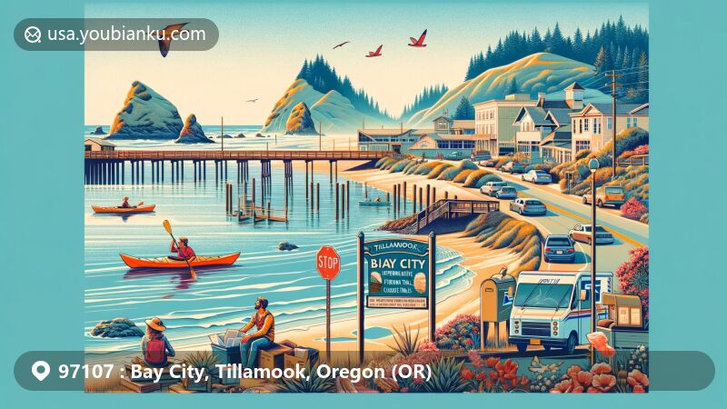 Modern illustration of Bay City, Tillamook County, Oregon, showcasing coastal landscape and cultural landmarks, including Kilchis Point Interpretive Trails, Bay City Arts Center, and recreational activities.