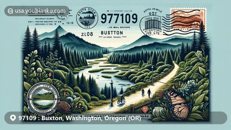 Modern illustration of ZIP code 97109 in Buxton, Washington County, Oregon, featuring Stub Stewart State Park and Banks-Vernonia State Trail, creatively incorporating postal themes like stamps and postal mark.
