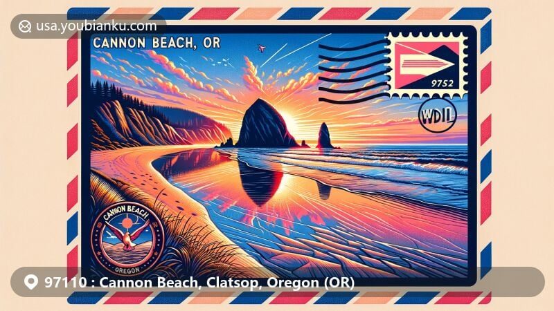 Vivid illustration of Cannon Beach, Clatsop County, Oregon, featuring iconic Haystack Rock in a captivating airmail envelope motif, complemented by a stunning sunset backdrop.