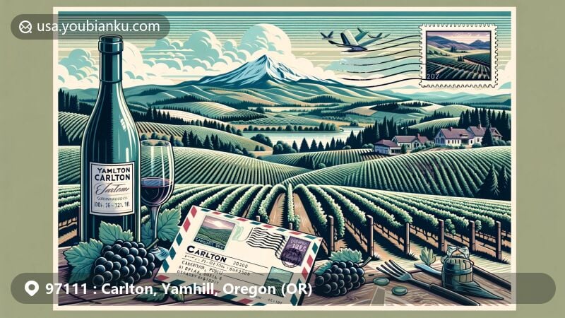 Modern illustration of wine country in Carlton, Oregon, focusing on Pinot Noir grapes, Yamhill-Carlton District, Chehalem Mountains, and Pacific Coast Range.