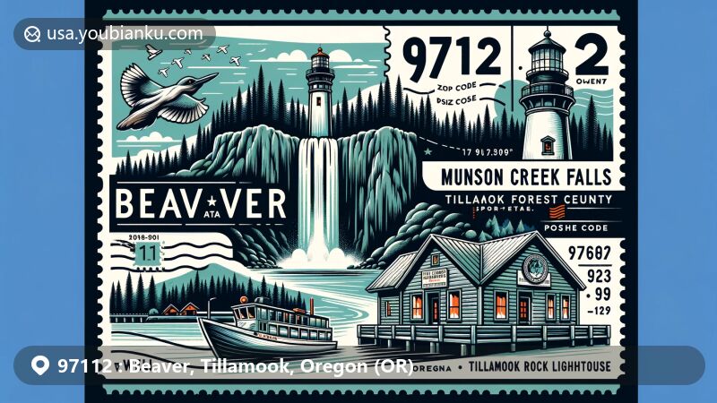 Modern illustration of Beaver, Tillamook, Oregon, highlighting natural beauty and cultural landmarks in the ZIP code 97112 area, featuring Munson Creek Falls, Tillamook Forest Center, and Tillamook Rock Lighthouse.