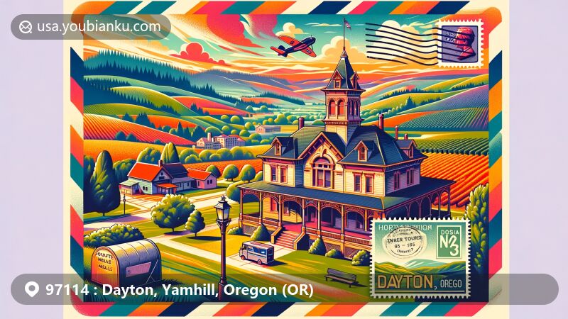 Modern illustration of Dayton, Oregon, featuring postal theme with ZIP code 97114, showcasing Willamette Valley's agricultural and vinicultural richness, Joel Palmer House, Fort Yamhill Block House, and vintage postal elements.