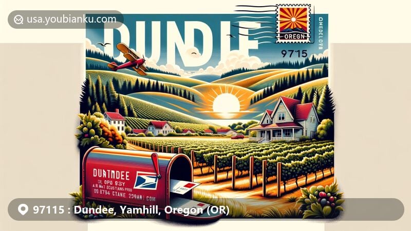 Vivid illustration of Dundee, Oregon, capturing the essence of wine country with grapevines on rolling hills under the sun, incorporating a postcard motif with Oregon state flag stamp, 'Dundee, OR 97115' postmark, and a red mailbox with letters.
