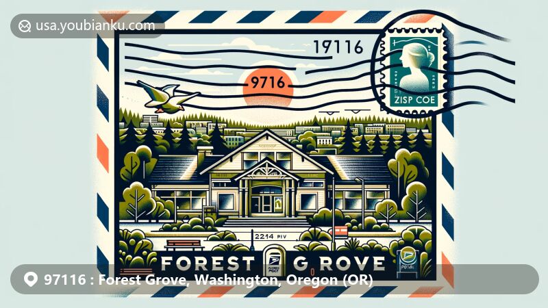 Modern illustration of Forest Grove, Oregon, emphasizing postal theme with vintage postage stamp, postmark for ZIP code 97116, and airmail envelope border, featuring iconic landmarks and community spirit.