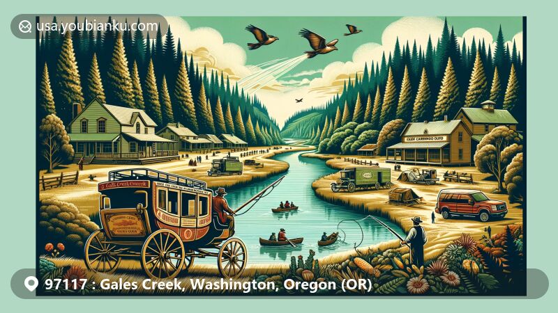 Modern illustration of Gales Creek, Oregon, depicting the rich history and natural beauty of the area, featuring a vintage stagecoach traveling through lush forest landscapes symbolizing the last stop to Tillamook in the late 19th century, with towering trees of the Oregon Coast Range and winding Gales Creek in the background, highlighting popular outdoor activities such as fishing and camping, including a riverside rural campground with tents and a fishing scene at Gales Creek Campground, as well as a countryside store and deli, hinting at the small town charm of the community, set against a vast and inviting sky, showcasing the open natural beauty of the region, created with vibrant colors and textures using modern illustration techniques, suitable for celebrating the unique history and natural beauty of Gales Creek, Oregon.
