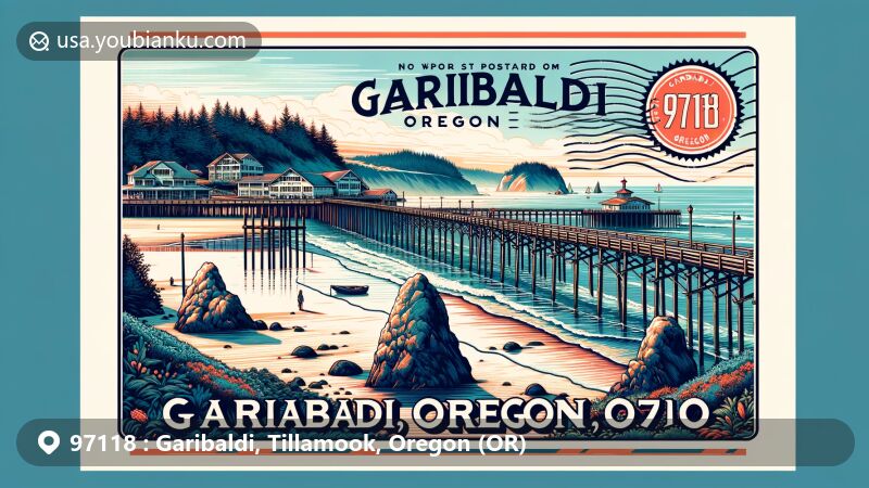 Modern illustration of Garibaldi, Oregon, featuring Garibaldi Marina, Pier’s End, Tillamook Bay, and Three Graces rock formation, capturing maritime history and natural beauty.
