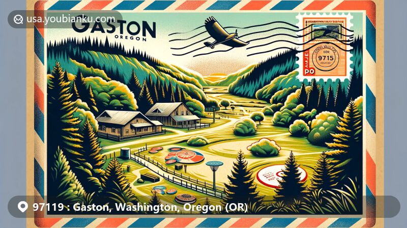 Modern illustration of Gaston, Washington County, Oregon, highlighting ZIP code 97119, featuring lush forests, rolling hills, and Scoggins Valley Park, with air mail envelope background, stamp, postmark, and airmail border.