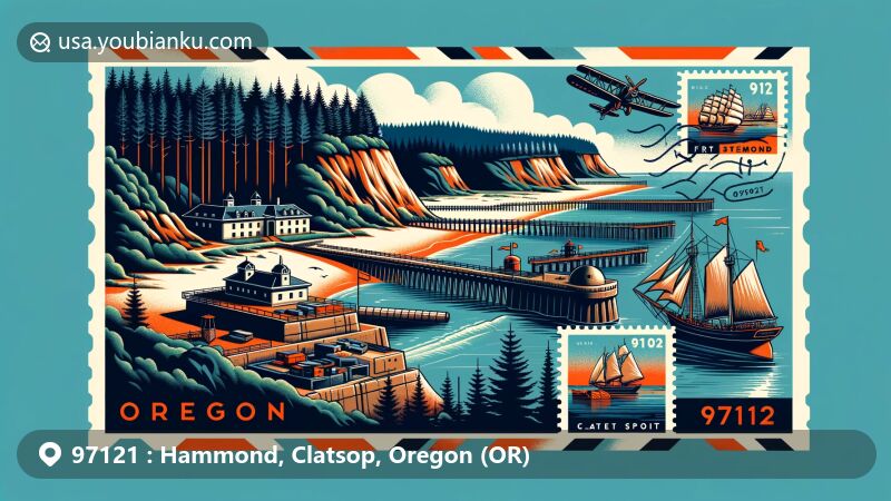 Modern illustration of Hammond, Clatsop, Oregon, featuring Fort Stevens State Park's historic military significance with gun batteries and the Peter Iredale shipwreck on Clatsop Spit. Includes postal theme elements like vintage air mail envelope, stamps of landmarks, and creative display of ZIP code 97121.