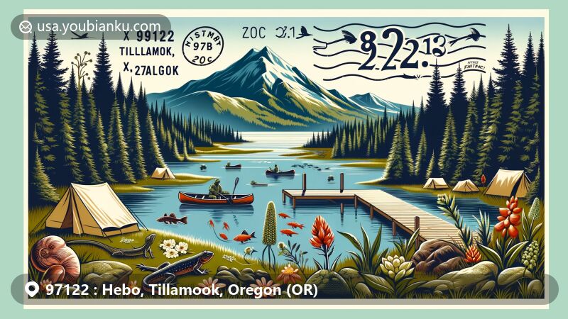 Modern illustration of Hebo, Tillamook, Oregon, capturing the stunning Mt. Hebo Summit and Pacific Ocean coastline, featuring diverse wildlife and outdoor activities like hiking, fishing, and canoeing.