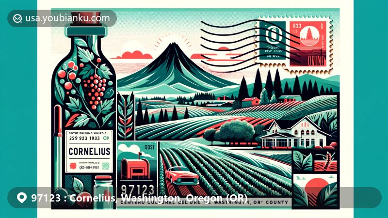 Creative illustration of Cornelius, Oregon, ZIP code 97123, featuring Chehalem Mountains silhouette, wine symbols, Centro Cultural de Washington County, and lush green landscapes.