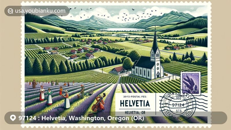 Modern illustration of Helvetia, Washington County, Oregon, featuring Helvetia Vineyards, lavender fields, and multicultural vignettes representing Swiss and German heritage, set against Oregon's green landscapes and mountains.
