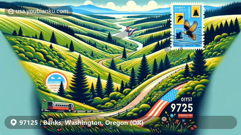 Modern illustration of Banks-Vernonia State Trail in Banks, Oregon, blending scenic beauty with postal elements, showcasing lush green landscapes and stylized airmail envelope with stamps and '97125' postmark.