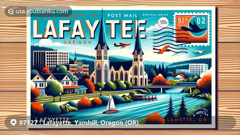 Modern illustration of Lafayette, Yamhill, Oregon (OR), capturing the essence of the town's history and geography, featuring Yamhill River, Yamhill County Museum, and Evangelical Church of Lafayette, with vintage postal elements like ZIP code 97127 stamp and Lafayette, OR postmark.
