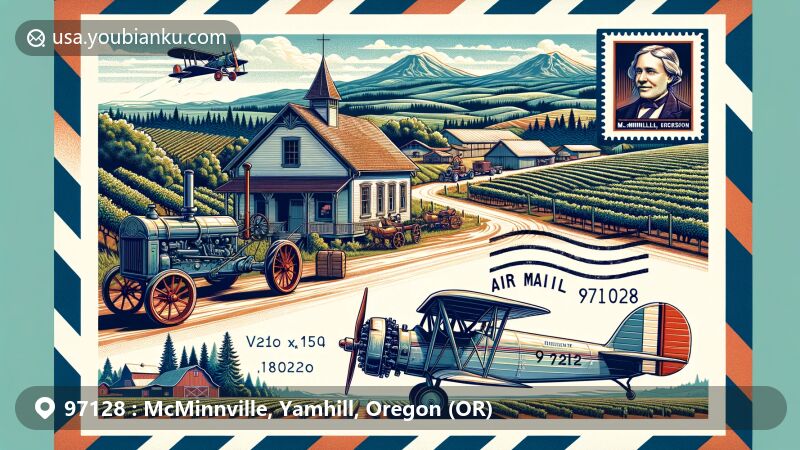 Modern illustration of McMinnville area in Oregon, featuring Yamhill Valley Heritage Center, Evergreen Aviation & Space Museum, and Willamette Valley vineyards, designed in air mail envelope style with postal elements.