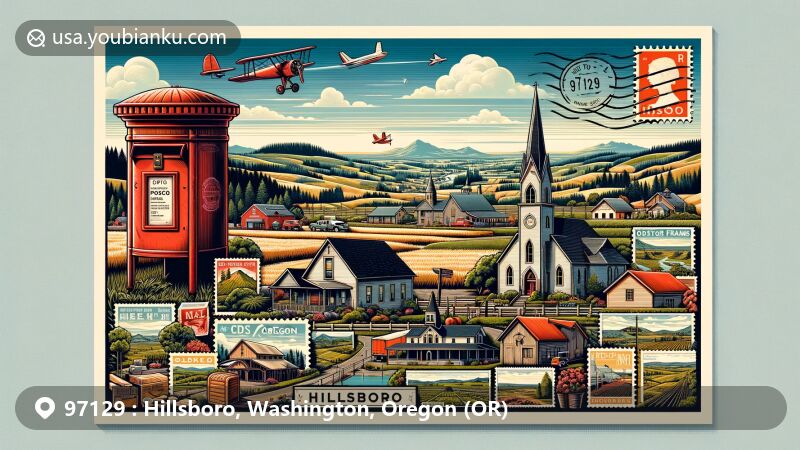 Modern illustration of Hillsboro, Oregon, featuring Roloff Farms, Old Scotch Church, Oregon International Air Show, and Rice NW Museum, creatively intertwined with postal theme, highlighting '97129' ZIP code.