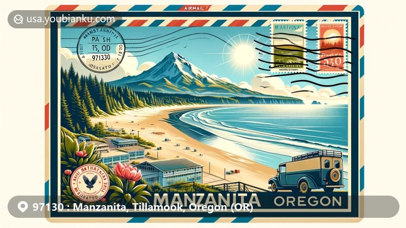 Modern illustration of Manzanita, Oregon, in Tillamook County, highlighting Nehalem Bay and Neahkahnie Mountain from a beach perspective, featuring local manzanita plants and postal theme with ZIP code 97130.
