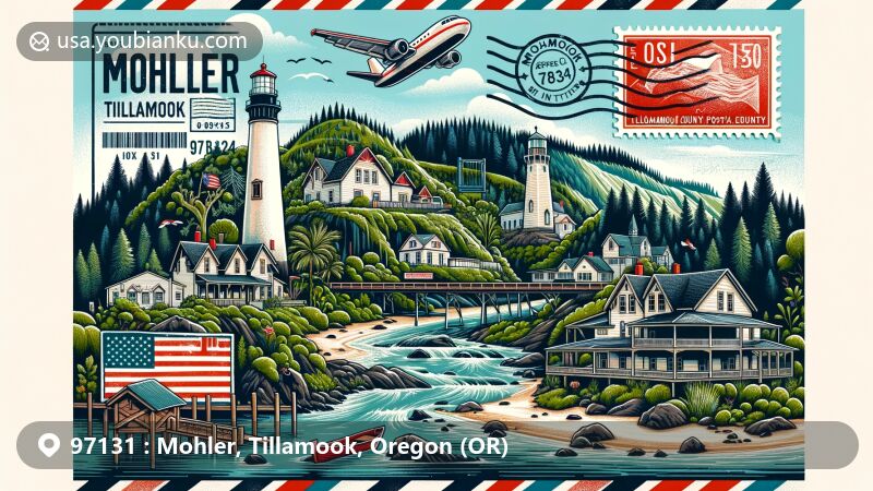 Modern illustration of Mohler, Tillamook County, Oregon, incorporating Nehalem River, Tillamook Rock Lighthouse, Tillamook County Pioneer Museum, and lush greenery, with postal elements like a vintage airmail envelope with ZIP code 97131, Oregon state flag postal stamp, and red mailbox.
