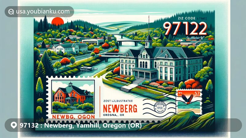 Modern illustration of Newberg, Oregon, showcasing ZIP code 97132 area with George Fox University, Hoover-Minthorn House Museum, and Ewing Young Historical Park, set against Oregon Willamette Valley.