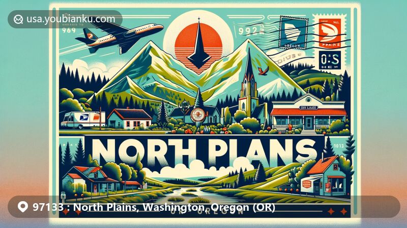 Modern illustration of 97133, North Plains, Oregon, blending scenic beauty and postal themes, highlighting lush landscapes, small-town charm, outdoor activities like cycling and hiking, iconic Oregon landmarks, vintage postcard elements, ZIP Code 97133, North Plains Public Library, Ghost Creek Pedestrian Path, and state symbols.