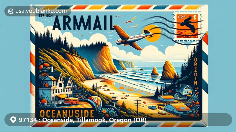 Modern illustration of Oceanside, Oregon, showcasing airmail envelope with Three Arch Rocks National Wildlife Refuge and stunning beach landscapes, featuring ZIP code 97134.