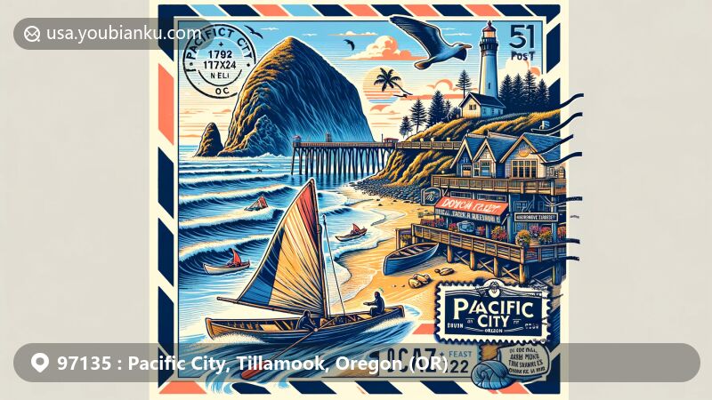 Modern illustration of Pacific City, Oregon, depicting Cape Kiwanda, Haystack Rock, surfers, and dory fishing boats, blending postal themes with coastal beauty and maritime culture.