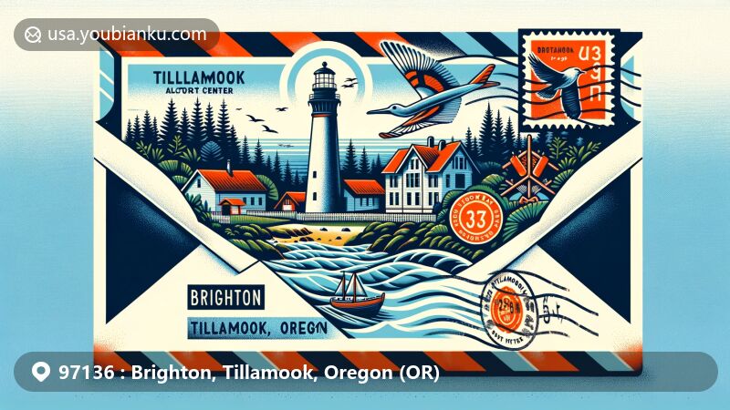 现代插画风格的Brighton, Tillamook, Oregon（OR）邮政编码97136代表地区插图，背景为航空信封，展示Tillamook岩灯塔和Tillamook森林中心，突出自然美与户外活动机会，融入Tillamook湾水道元素及ZIPCode 97136邮政特色。