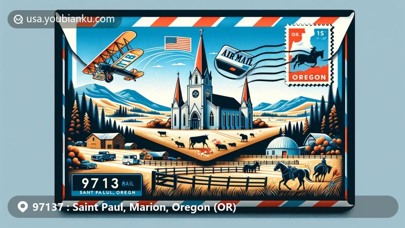 Modern illustration of Saint Paul, Marion County, Oregon, featuring postal theme with ZIP code 97137, showcasing St. Paul Roman Catholic Church, St. Paul Rodeo, Oregon landscapes, pioneer cemetery, state flag, and landmark on an air mail envelope.