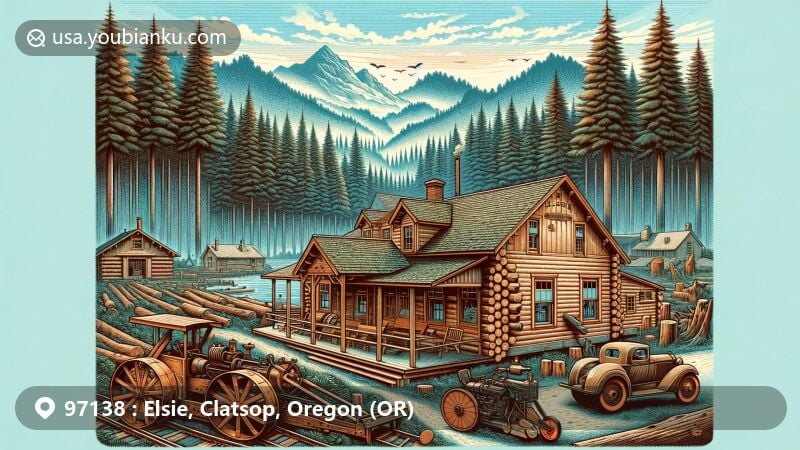 Modern illustration of Elsie, Clatsop County, Oregon, highlighting natural beauty and logging history, featuring Camp 18, vintage logging equipment, Nehalem River, Tillamook Burn area, and postal theme with ZIP code 97138.