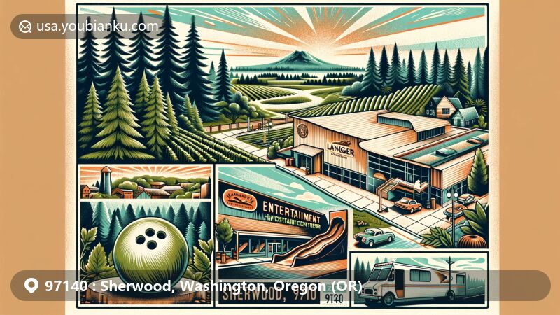 Modern illustration of Sherwood, Oregon, integrating Douglas fir forests, vineyards, and Langer's Entertainment Center, showcasing community spirit and history.