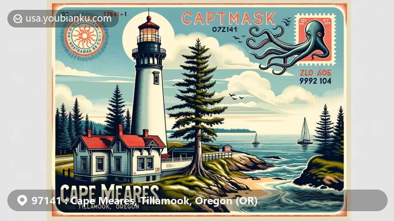 Modern illustration of Cape Meares Lighthouse and Sitka spruce in Tillamook, Oregon, featuring vintage postcard design with ZIP code 97141, highlighting natural beauty and cultural charm.