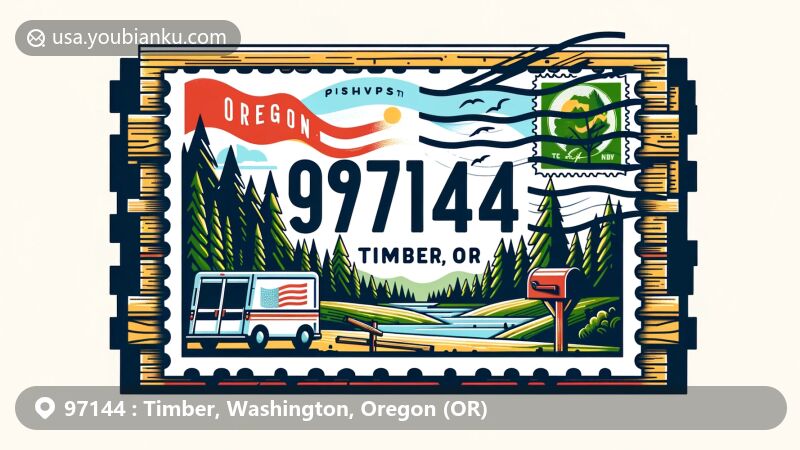 Modern illustration of Timber, Oregon, highlighting ZIP code 97144 with postcard design and Oregon state flag, featuring serene landscapes, postal elements, and vibrant colors.
