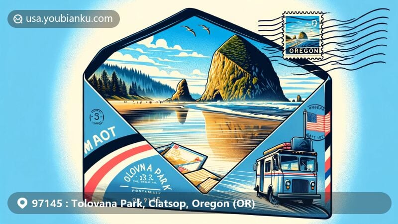 Modern illustration of Tolovana Park, Oregon, blending natural beauty with postal theme, featuring Haystack Rock of Cannon Beach through open air mail envelope, surrounded by beach and waves under clear blue sky.