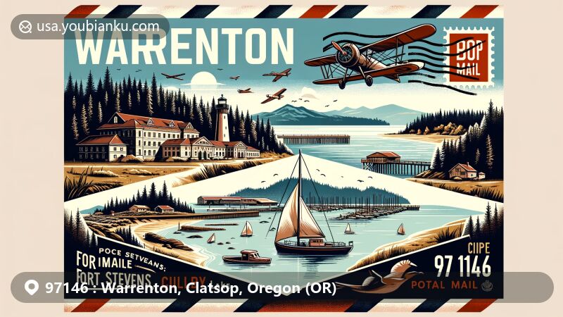 Modern illustration of Warrenton, Oregon, blending postal themes with ZIP code 97146, featuring Fort Stevens, Cullaby Lake, and local fishing industry, symbolizing historical significance, natural beauty, and economic vitality.