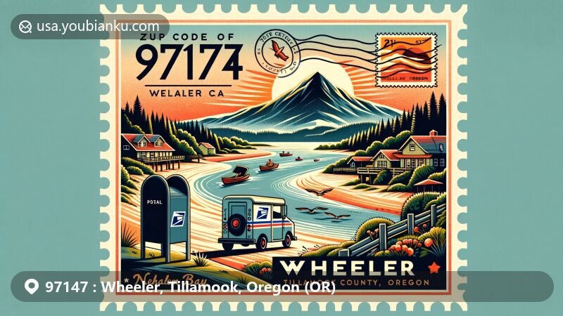 Modern illustration of Wheeler, Tillamook County, Oregon, showcasing postal theme with ZIP code 97147, integrating natural beauty of Nehalem River, Nehalem Bay, Neahkahnie Mountain, and Botts Marsh.