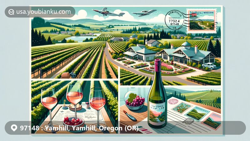 Modern illustration of Yamhill, Oregon, highlighting vibrant wine culture with Saffron Fields Vineyard, scenic vineyards, and postal theme featuring aviation envelope edge, vintage wine stamps, and 'Yamhill, OR 97148' postmark.