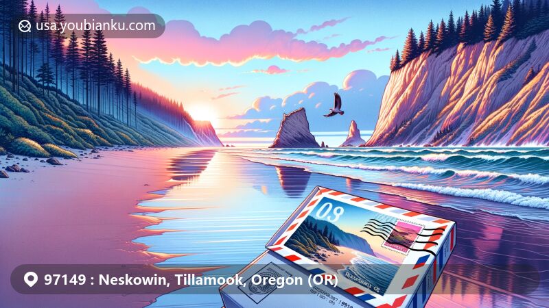 Modern illustration of Neskowin, Tillamook County, Oregon, highlighting postal theme with ZIP code 97149, featuring Proposal Rock and Oregon state flag.