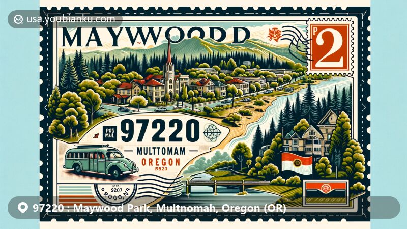 Modern illustration of Maywood Park, Multnomah County, Oregon, nestled near Rocky Butte, showcasing old-growth trees and residential charm, with Oregon state symbols and postal elements like vintage postcards and '97220' postmark.