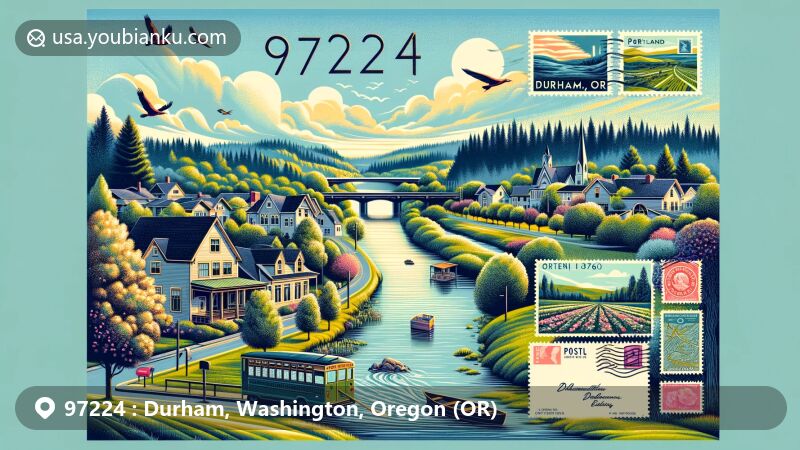 Modern illustration of Durham, Oregon, representing ZIP code 97224, featuring Tualatin River, Fanno Creek, Cook Park, and city's history, in a postal theme.