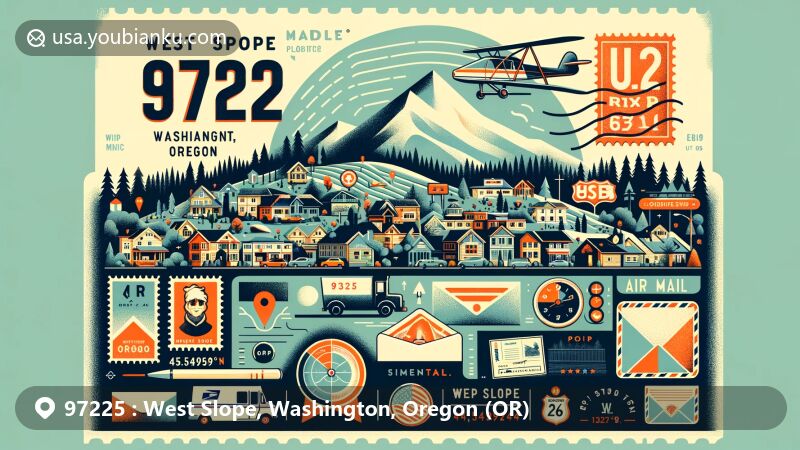 Modern illustration of West Slope, Washington County, Oregon, capturing local postal elements and community vibe, emphasizing proximity to U.S. Route 26 and natural surroundings.