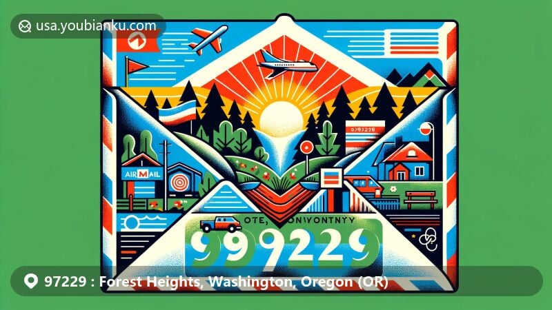 Modern illustration of Forest Heights, Washington County, Oregon, showcasing postal theme with ZIP code 97229, featuring Oregon state flag, Washington County outline, and attributes of Forest Heights Park.