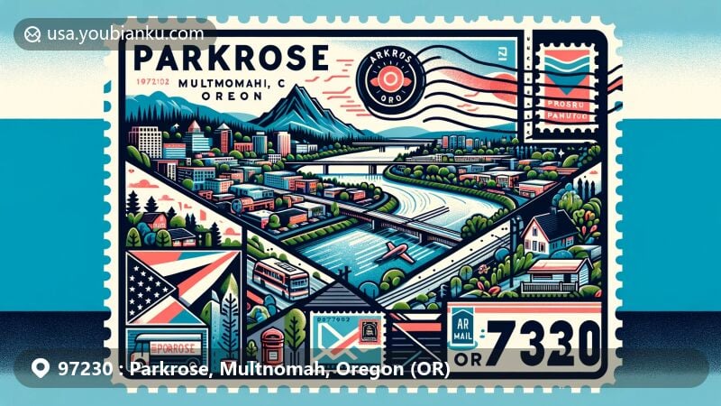 Modern wide-format illustration of Parkrose area in Multnomah County, Oregon, with ZIP code 97230, merging residential, industrial areas, Columbia River, Sandy Boulevard, and Parkrose/Sumner Transit Center, resembling an air mail envelope with stamp, postmark ('Parkrose, OR 97230'), mailbox, and postal truck, featuring Oregon state flag.