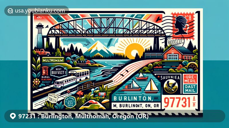 Modern illustration of Burlington, Multnomah County, Oregon, inspired by ZIP code 97231, showcasing Sauvie Island Bridge and Burlington Bottoms, with postal symbols and a vibrant postal theme.