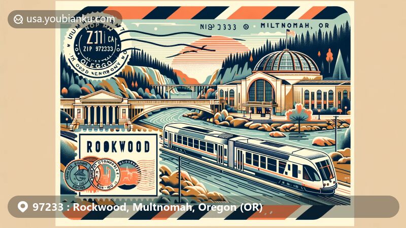 Modern illustration of Rockwood, Multnomah, Oregon, showcasing diverse community and history, featuring Rockwood MAX Light Rail station, Rockwood Library, and scenic Columbia River Gorge, with postal theme and ZIP code 97233.