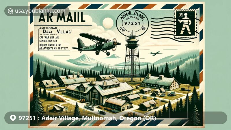 Modern illustration of Adair Village, Oregon, representing ZIP code 97251, showcasing historical landmarks like Camp Adair and Oregon State University's post-war development, against a backdrop of Oregon's natural scenery.