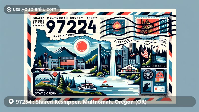 Modern illustration of Shared Reshipper in Multnomah County, Oregon, featuring Oregon state flag, Multnomah County silhouette, and landmarks like Tsuru Island, Willamette River, Willamette Falls, Oswego Lake, and Benson State Recreation Area.