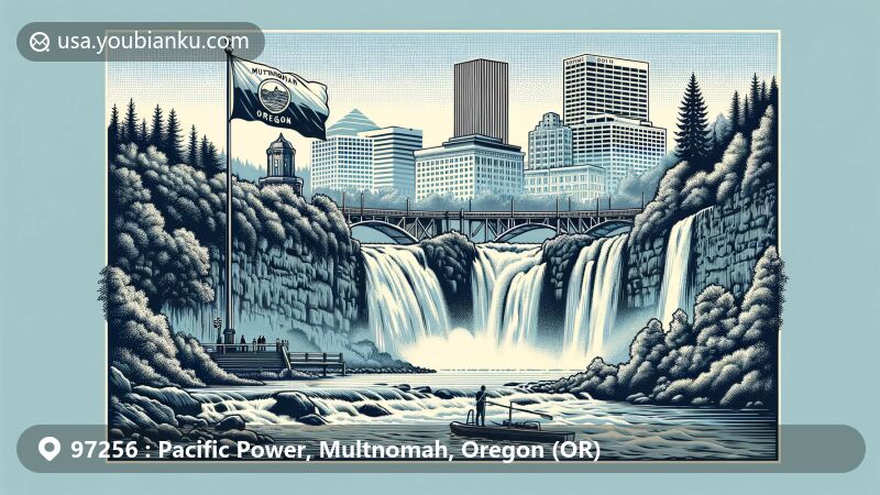 Modern illustration of Pacific Power area in Multnomah County, Oregon, with Multnomah Falls, South Park Blocks, and Oregon state flag, designed as a postal postcard with ZIP code 97256.