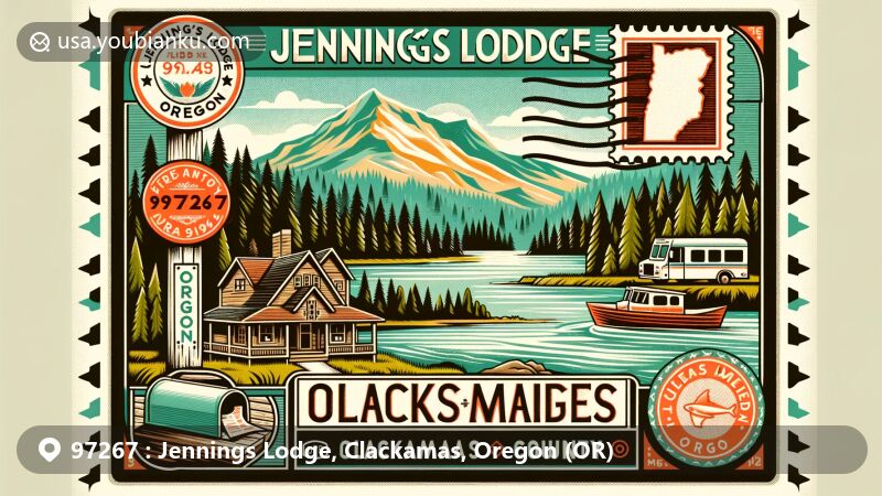 Creative postcard-style illustration of Jennings Lodge, Clackamas County, Oregon, featuring the Willamette River, Cedar Island, vintage stamp, postal mark with ZIP code 97267, mailbox, and postal van.